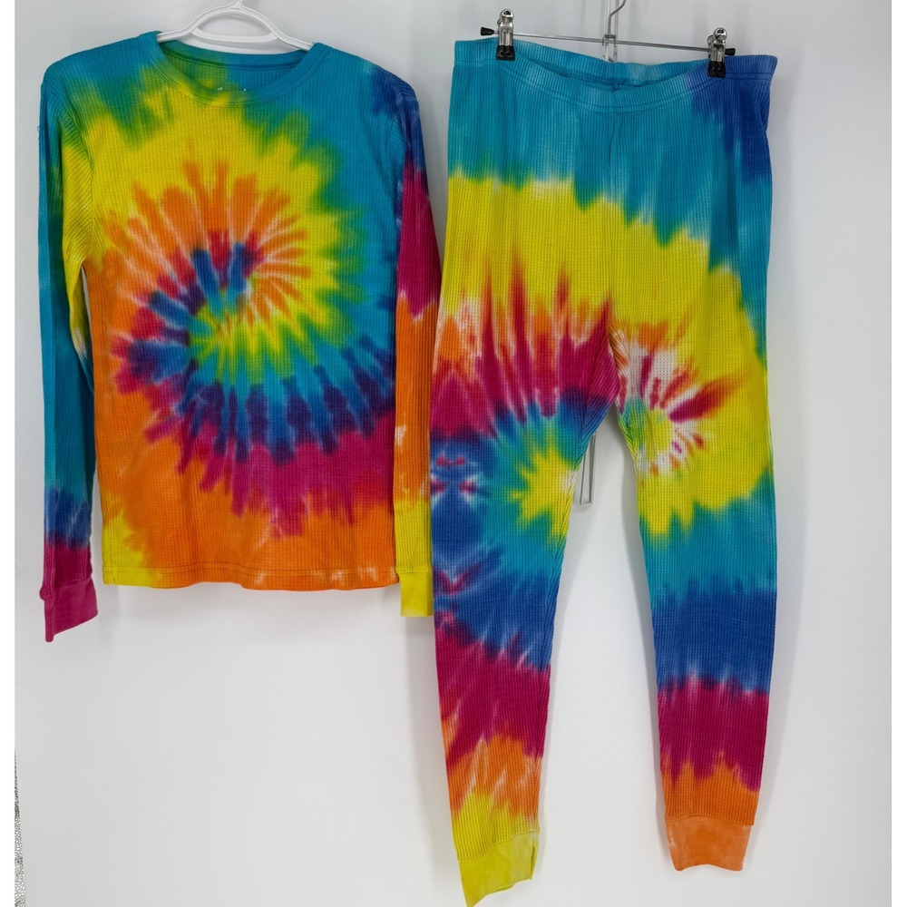 Just Love Pajama Set Womens Medium Multicolor Tie Dye Thermal Waffle‎ Knit Comfy